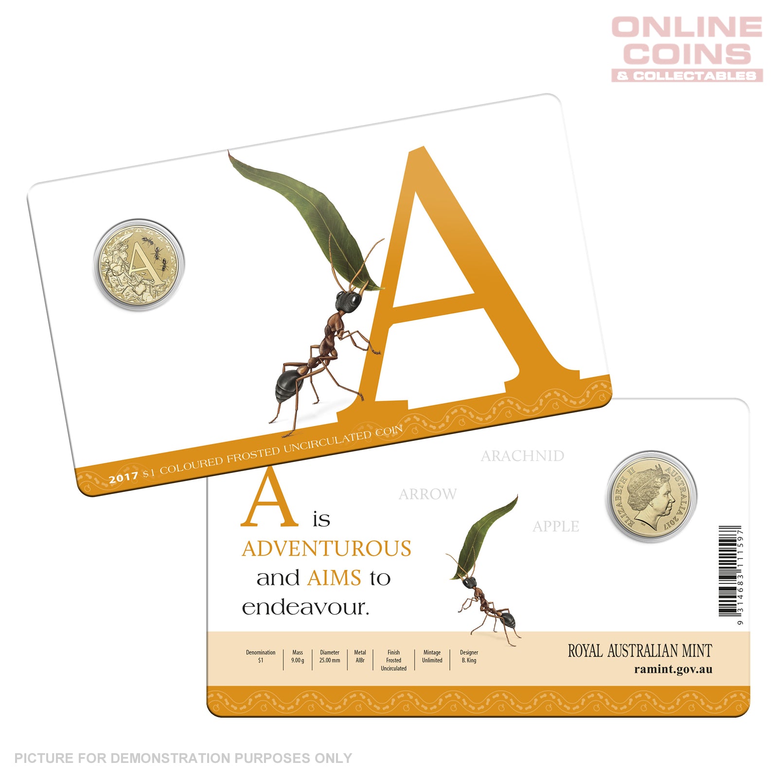 2017 $1 Coloured Alphabet Frosted Coin In Card - A For Ant
